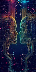 Poster - Abstract Digital Art of Two Profiles with Colorful Circuit Design