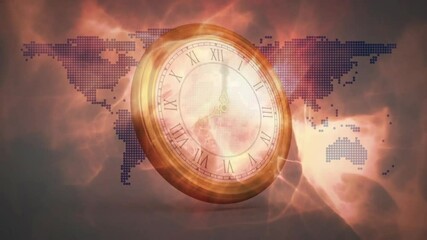 Poster - animation of clock face with roman numerals over digital world map background