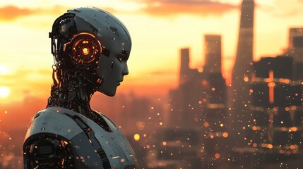 Poster - Futuristic Robot Profile Against Glowing Cityscape at Sunset