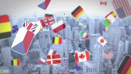 Poster - Floating international flags over cityscape with clock face animation in background