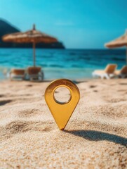 Aufkleber - Golden location pin signals a perfect getaway at a beautiful tropical beach with sunbeds and umbrellas