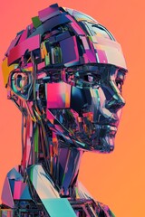 Poster - Futuristic Abstract Robot Sculpture with Colorful Geometric Shapes