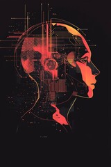 Poster - Futuristic Abstract Portrait of a Digital Human with Circuit Patterns