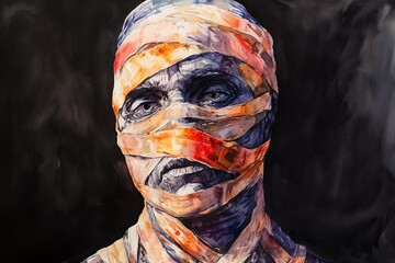 Poster - Artistic Portrait of a Figure Wrapped in Colorful Fabric Strips
