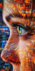 Poster - Close-Up View of Woman's Eye with Digital Data Explosion Effect