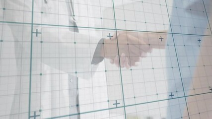 Poster - Handshake between two people overlaid with grid and data points animation