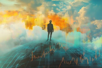 Poster - A man is walking on a city street with a futuristic skyline in the background