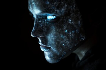 Poster - Futuristic humanoid figure with glowing blue elements and dark background
