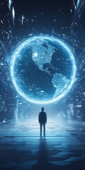 Poster - Silhouette of a Man Observing a Glowing Digital Earth Sphere in a Futuristic Environment