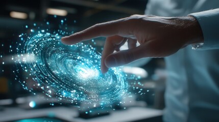 Poster - in a futuristic business environment, a businessman interacts with a swirling vortex of digital data