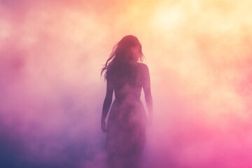 Poster - Mysterious Silhouette of a Woman in Colorful Foggy Background