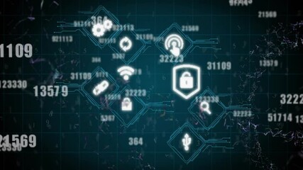 Poster - Digital security icons and data processing animation over dark grid background