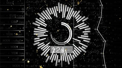 Poster - circular bar graph animation over currency exchange rates and star patterns