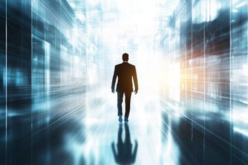 Poster - Silhouette of a Businessman Walking Through a Futuristic Digital Environment with Light Reflections