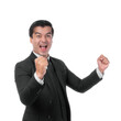 © suphaporn - Excited young businessman in a black suit celebrating success with raised fists, smiling and standing isolated on a transparent background, concept of achievement, motivation, and business success