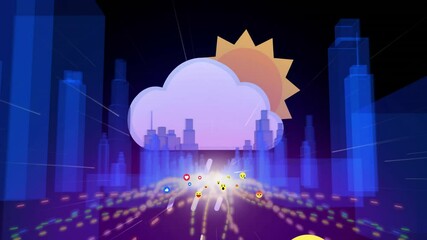 Poster - Cloud and sun animation over digital cityscape with glowing pathways