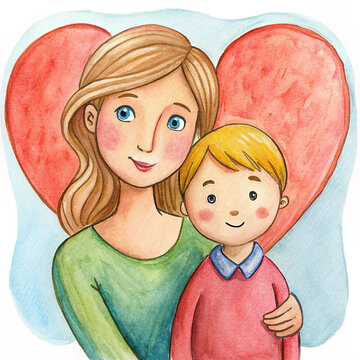Cute cartoon mother and child illustration with a love heart mother day concept background