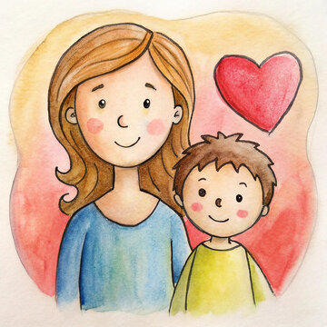 Cute cartoon mother and child illustration with a love heart mother day concept background
