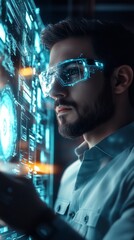 Poster - A man wearing glasses is looking at a computer screen with a blue background