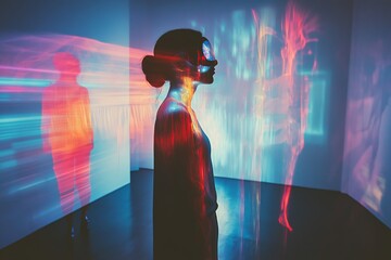 Poster - Ethereal Light Projections on a Portrait in an Art Installation
