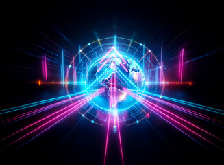 Aufkleber - futuristic double exposure art featuring a glowing globe encompassed by vibrant neon lines and geome