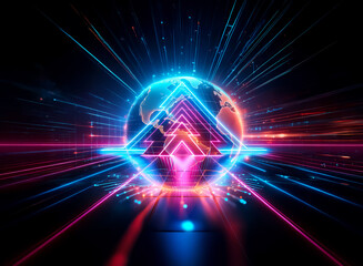 Aufkleber - double exposure of a glowing globe and triangle with neon lights creates a futuristic and abstract d