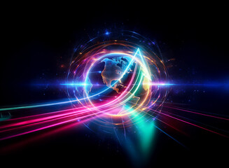 Aufkleber - double exposure effect: a glowing globe encircled by vibrant light trails, creating an abstract and 