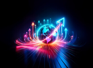 Poster - vibrant double exposure art featuring a glowing globe encircled by upward arrows and dynamic light t