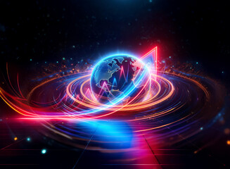 Aufkleber - vibrant globe with swirling neon light trails and double exposure effect against dark space. dynamic