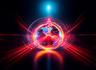 Poster - globe with vibrant red and blue light rays emanating from a central point, creating a double exposur