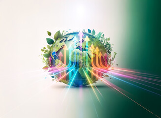 Poster - a double exposure image showcases a vibrant globe adorned with foliage, bursting with colorful light