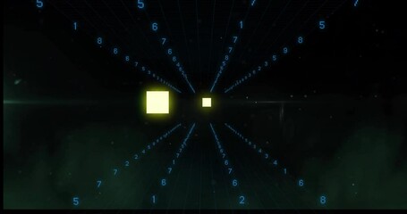 Poster - Animation of yellow squares and blue numbers creating digital tunnel in dark space