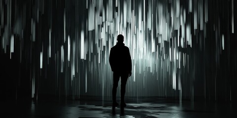 Poster - Silhouette of a Person Surrounded by Vertical Light Stripes