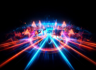 Aufkleber - vibrant double exposure art with glowing blue and red geometric shapes, lines, and arrows against a 