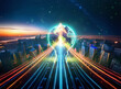© joeycheung - A vibrant double exposure image blends a futuristic cityscape with glowing light trails leading to a globe and arrow pointing upwards.