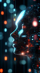 Poster - Futuristic Digital Human Face with Neon Lights and Data Streams