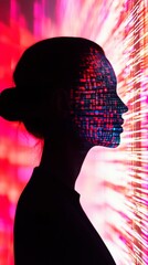 Poster - silhouette of a woman against a colorful digital light pattern in an abstract setting