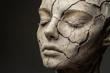 Poster - Cracked Face Sculpture of a Serene Female Figure in Dramatic Lighting
