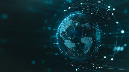 Poster - Global Connection: A mesmerizing digital rendering of planet Earth enveloped in a network of interconnected nodes, radiating a sense of technological advancement and worldwide connectivity.
