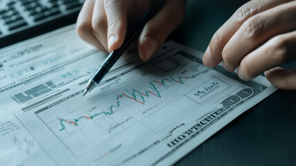 Poster - Financial Analysis: A close-up view of hands meticulously examining financial charts and graphs with a pen, symbolizing careful financial planning. 