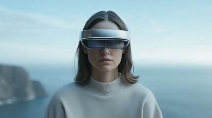 Poster - Immersive Reality: A woman wearing futuristic virtual reality glasses stands confidently against a blurred landscape. The image evokes the themes of technology, innovation.