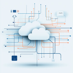 Poster - Cloud Computing: Conceptual Illustration of interconnected cloud computing symbolizing technology. showing data transfer, network architecture, information management, security.