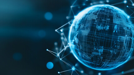 Poster - global connectivity: futuristic depiction of a glowing blue digital globe intertwined with a network