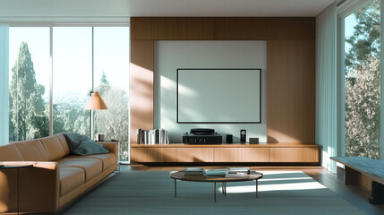 Poster - Serene Living Room: A modern living room bathed in natural light, with sleek furniture, a large window framing a picturesque outdoor view. Modern and minimalist design.