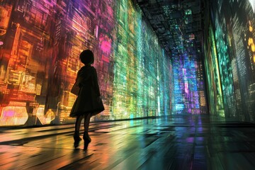 Poster - Child Silhouette Gazing at Colorful Light Installation in a Contemporary Art Space