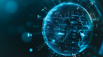 Poster - Global Connectivity: A futuristic digital globe, representing interconnected networks, data flow, and global communication in a technological advancement and innovation.