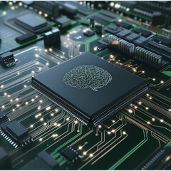 Poster - cybernetic brain: a detailed macro view of a silicon microchip emblazoned with a brain-shaped design