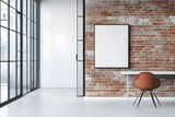Modern office space with blank poster, brick wall, and city view