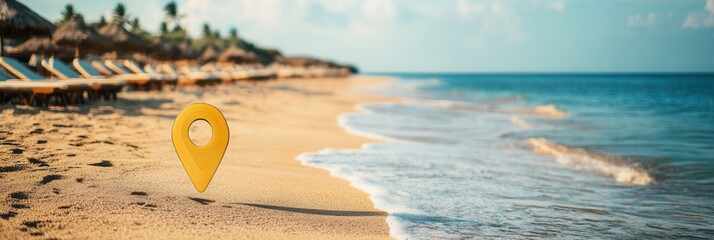 Aufkleber - Discover a tropical beach destination with sunbeds and umbrellas in a sunny paradise marked by a golden location pin