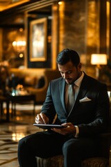 Poster - A man in a suit is sitting in a chair and writing on a tablet